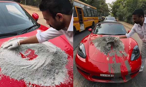 റോഡിലെ കുഴികള് ഭീഷണിയാകുന്നു: പോര്ഷെയുടെ ബോണറ്റില്വച്ച് സിമന്റ് കുഴച്ച് കുഴിയടച്ച് സംരഭകന്: ചര്ച്ചയായി വീഡിയോ