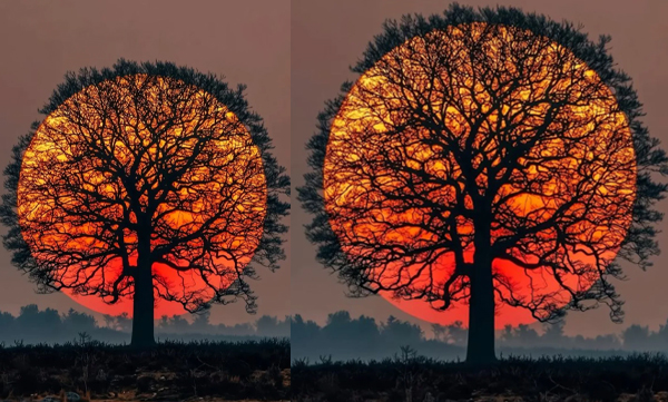 Photographer successfully captures the sun in the middle of a tree's branches in the Nethrlands