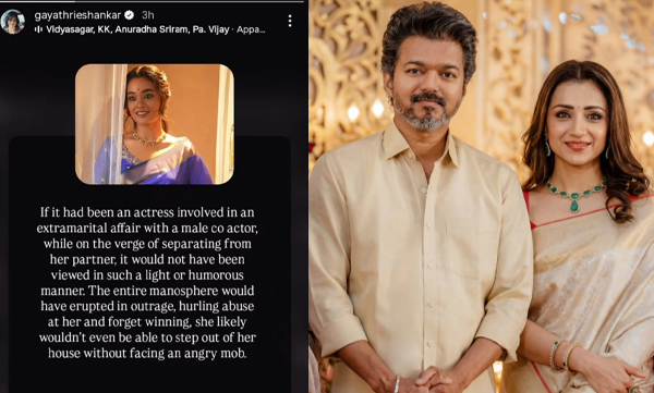 Actress Gayathrie Shankar has voiced criticism against those celebrating Vijay's win while overlooking the alleged affair 