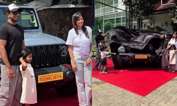 actor-arjun-ashokan-gifts-mahindra-thar-roxx-suv-to-his-wife