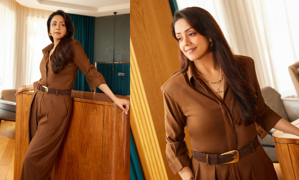 Jyothika elegant look in coffee brown coat suit