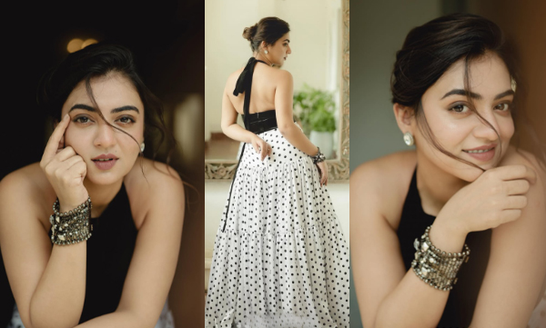  Nazriya Fahad hot look sleeveless halter-neck corset and black polka dot print maxi skirt 