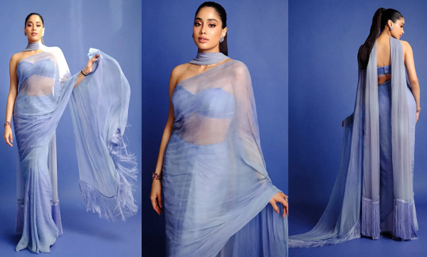 Jahnvi kapoor in manish malhotra styled pastel blue chiffon saree with a dramatic tasselled dupatta