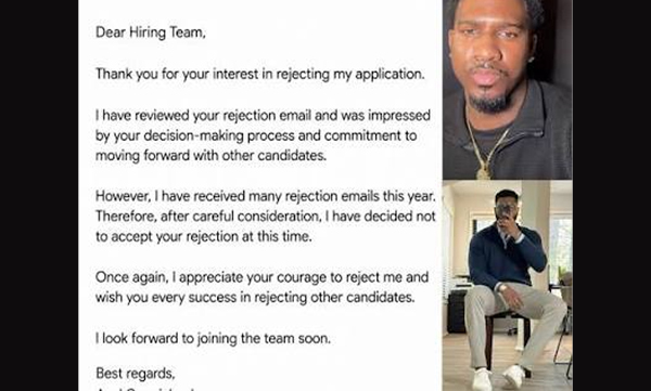Azel Carmichael reply to a job rejection email goes viral (Image Source: X)