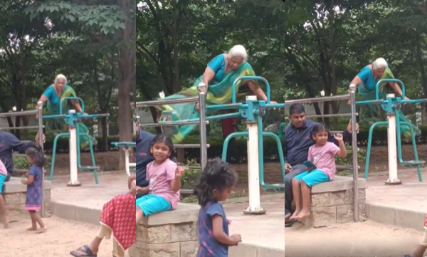 An elderly woman exercising energetically in a public park (Image Source: X)