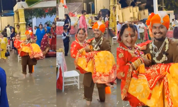 Groom carried the bride in his arms across the water-filled path (Image Source: X)